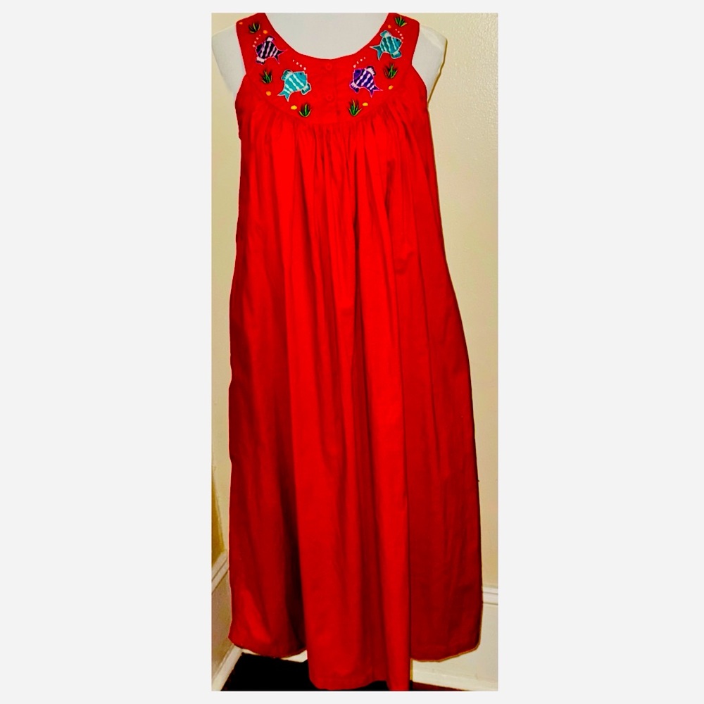 Vintage 70s Sea Wind Embroidered X-Back Sleeveless Muumuu Dress, Sz Sm/Med